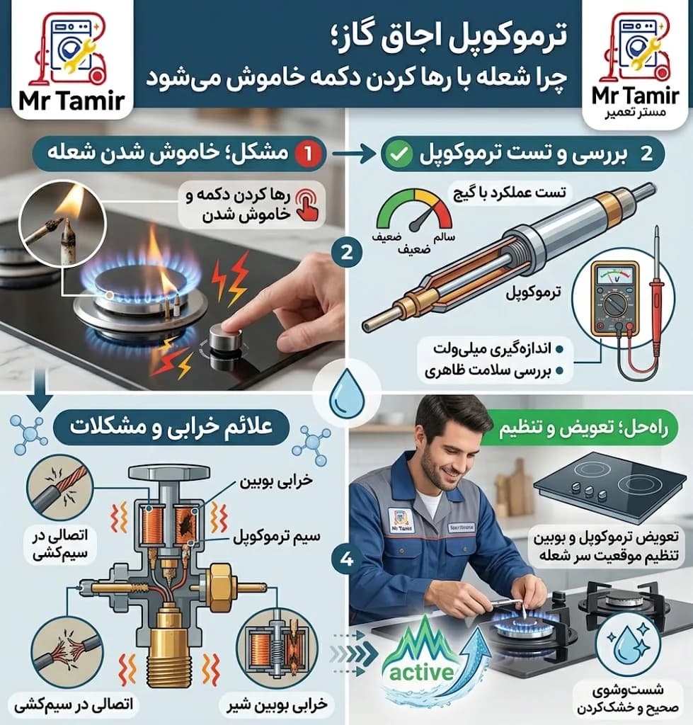 ترموکوپل اجاق گاز؛ چرا شعله با رها کردن دکمه خاموش می‌شود